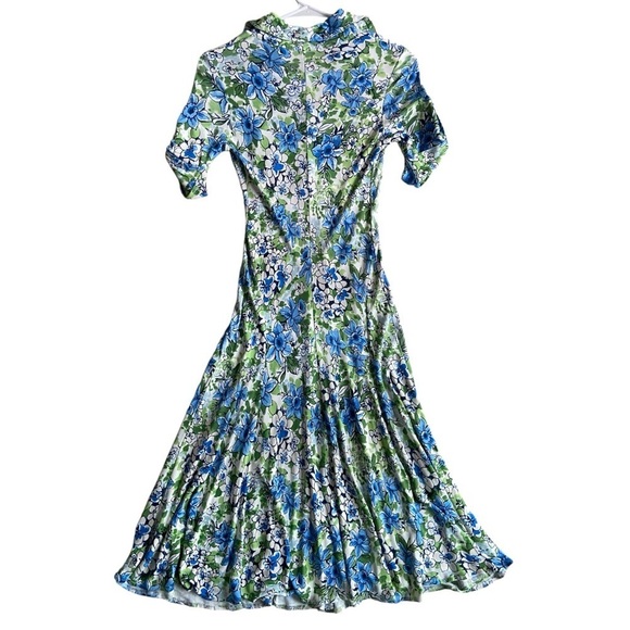 Atos Lombardini Blue Green Floral Maxi Dress Collared V-Neck Size 46 Flowy Italy - Picture 2 of 7